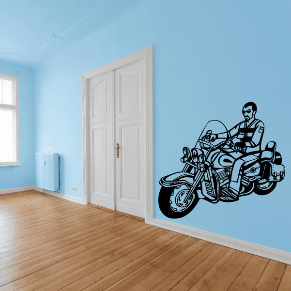 Motorcycle wall decal with rider on black vinyl outline