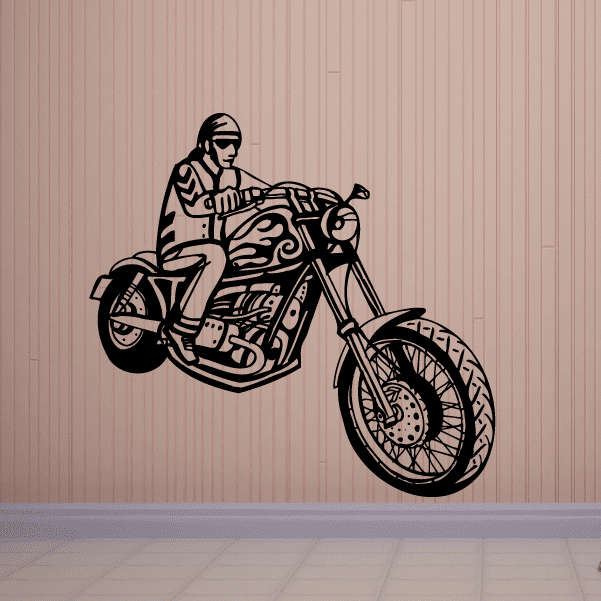 Black chopper motorcycle wall decal with seated rider