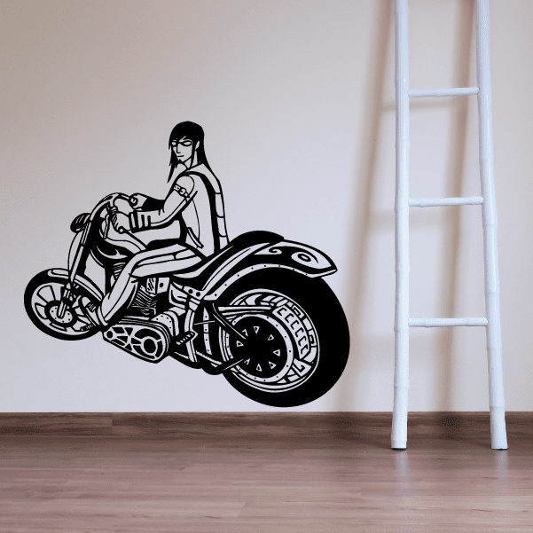 Chopper wall decal: black motorcycle rider and chopper bike silhouette