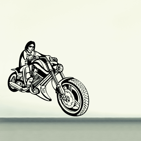 Vinyl wall decal of black chopper motorcycle with rider holding handlebars