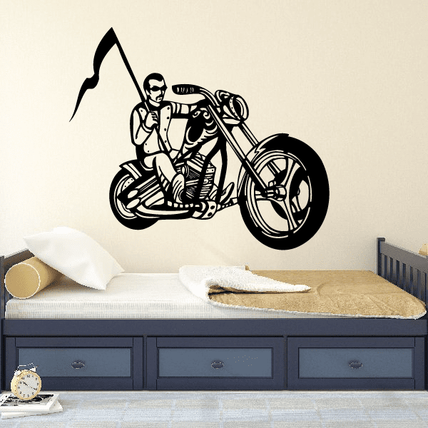 Motorcycle rider chopper wall decal vinyl, black outline with detailed rider