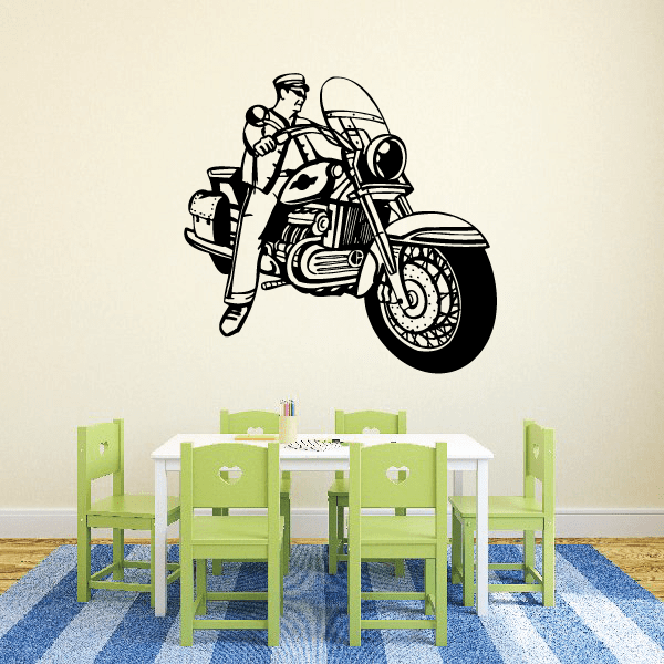 Motorcycle wall decal of a rider on a classic bike, black vinyl graphic