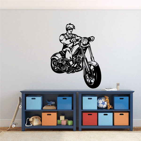 Vinyl wall decal of a biker riding a motorcycle