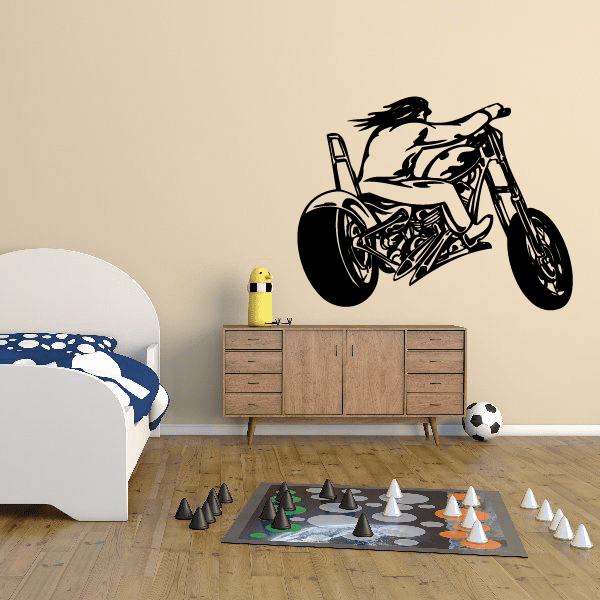 Black motorcycle wall decal with rider silhouette, vinyl sticker style