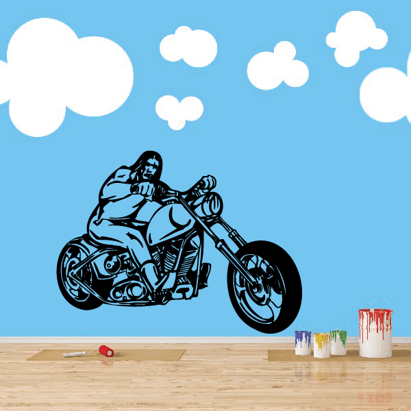 Motorcycle wall decal with rider, black vinyl illustration