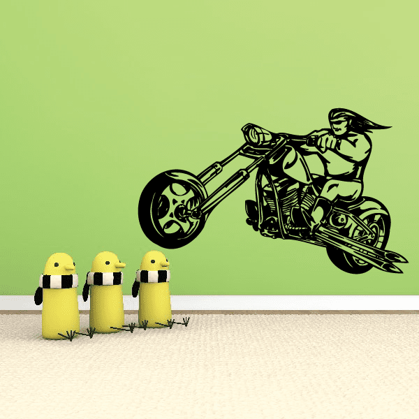 Black chopper motorcycle wall decal vinyl graphic with rider silhouette