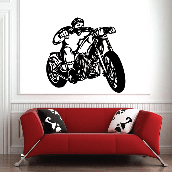 Black chopper biker vinyl wall decal with motorcycle rider silhouette
