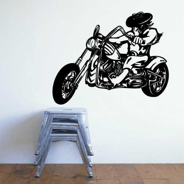 Black chopper motorcycle wall decal with rider silhouette