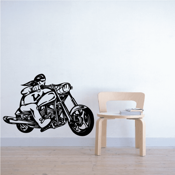 Black motorcycle rider vinyl wall decal with detailed biker on bike.