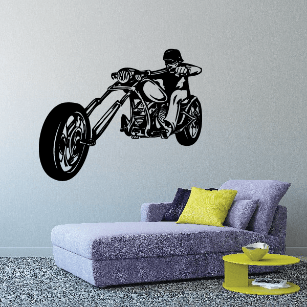 Black motorcycle chopper wall decal with rider, vinyl sticker