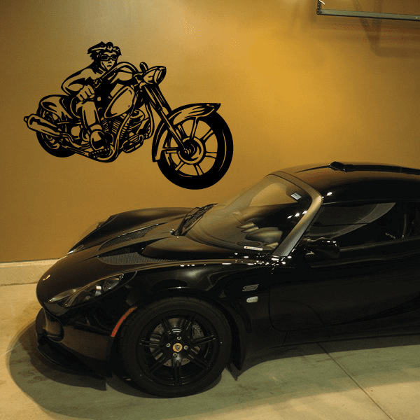 Motorcycle wall decal vinyl sticker with black chopper rider and bike graphic