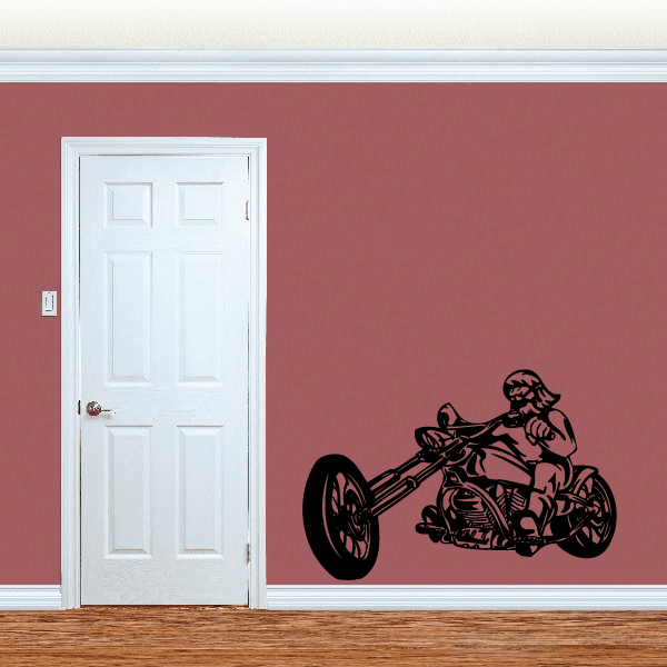 Black chopper motorcycle wall decal with detailed rider illustration
