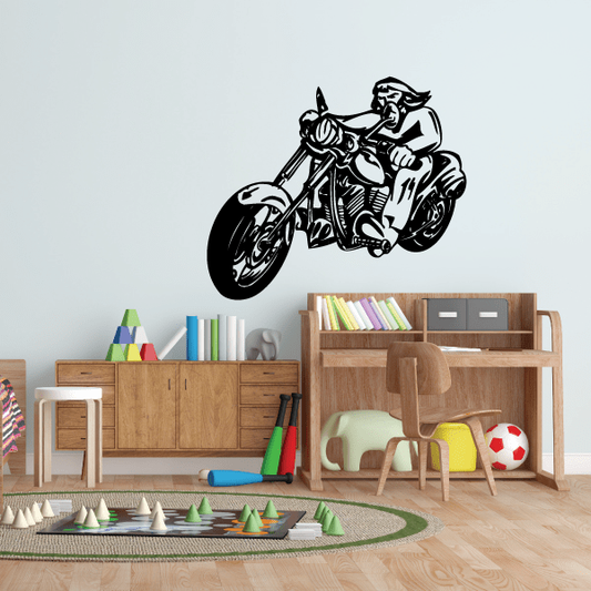 Black motorcycle wall decal with rider, vinyl style