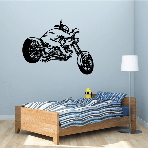 Black and white chopper motorcycle wall decal with rider silhouette