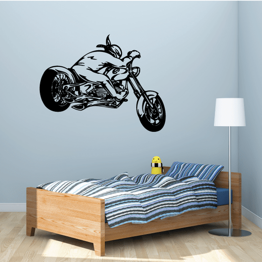 Black and white chopper motorcycle wall decal with rider silhouette