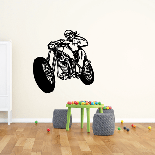 Black chopper motorcycle wall decal with rider graphic