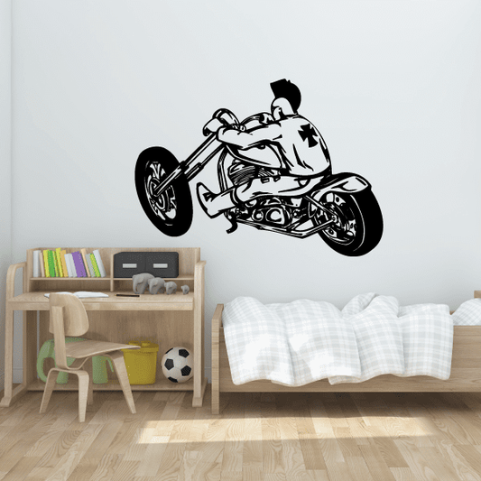 Black chopper motorcycle wall decal with rider, vinyl sticker graphic