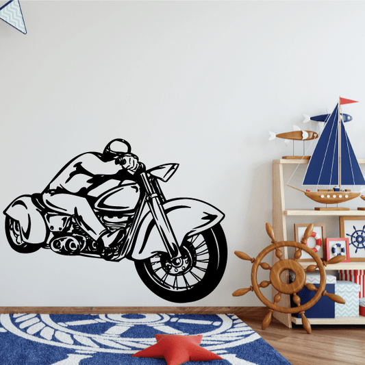 Chopper wall decal of a black-and-white motorcycle illustration with bold outlines