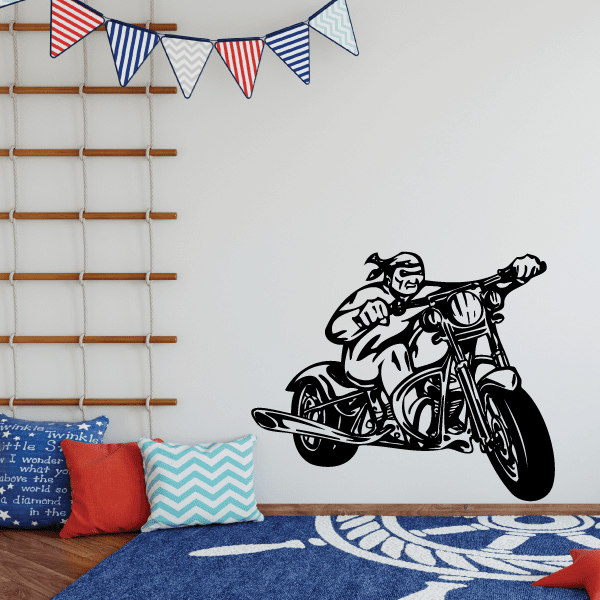 Vinyl wall decal of a black chopper motorcycle with rider, wall-mounted