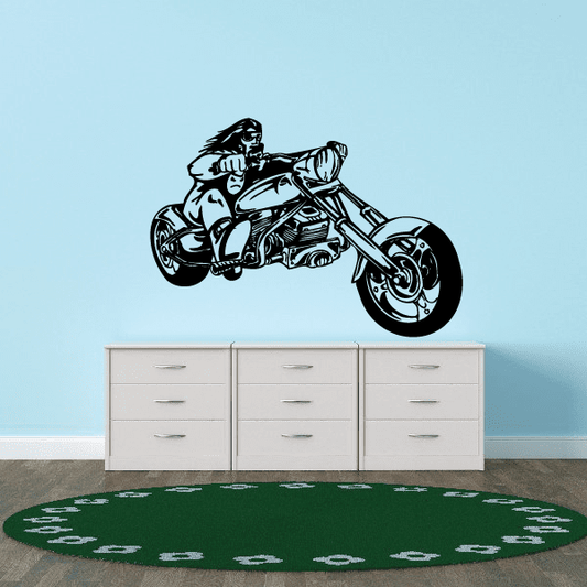 Chopper motorcycle wall decal, black vinyl graphic of rider on motorbike