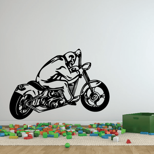 Black chopper motorcycle vinyl wall decal with cartoon rider and wheels