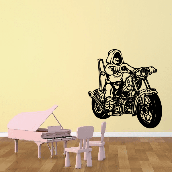Biker chopper motorcycle vinyl wall decal, black line art rider on motorbike