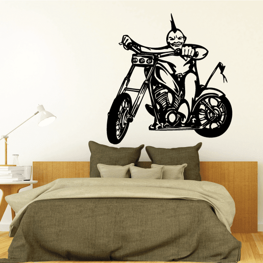 Motorcycle rider wall decal: black chopper with seated figure and front wheel