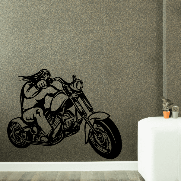 Black motorcycle wall decal featuring a rider on a chopper bike