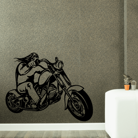 Black motorcycle wall decal featuring a rider on a chopper bike