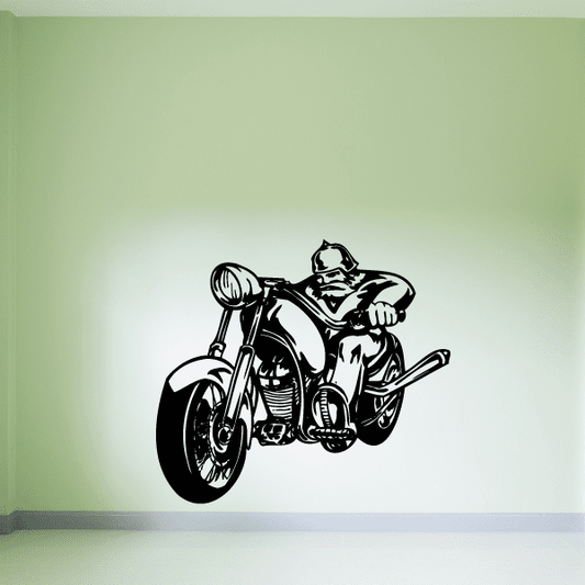 Chopper wall decal of black motorcycle with rider, detailed vinyl sticker