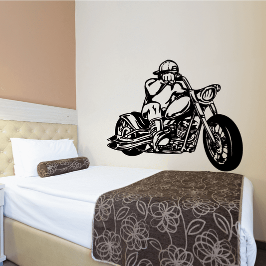 Black chopper motorcycle wall decal with rider on bike silhouette
