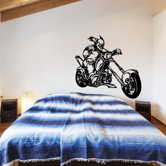 Motorcycle chopper wall decal, black rider on chopper motorcycle.