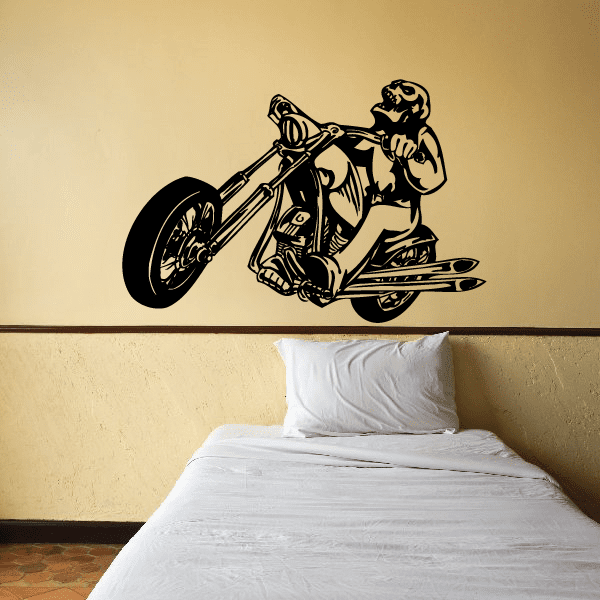 Motorcycle chopper wall decal, black vinyl line art of rider on chopper