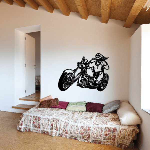 Motorcycle wall decal with black chopper and rider silhouette