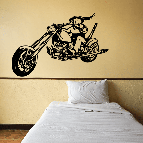 Motorcycle chopper wall decal with rider, black vinyl silhouette