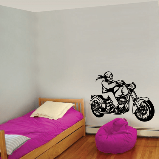 Motorcycle chopper wall decal with rider on black motorcycle