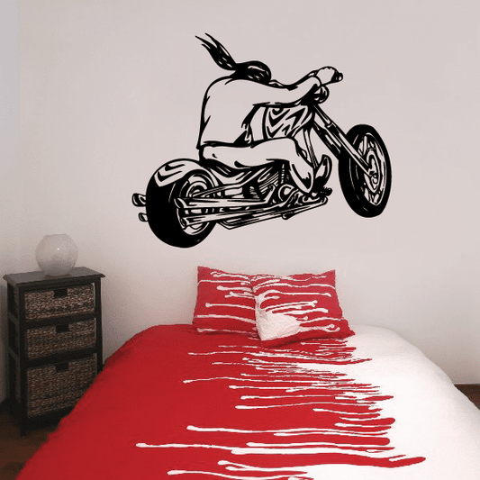 Motorcycle chopper wall decal in black, stylized rider and bike design