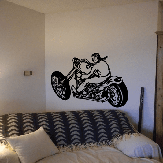 Black chopper motorcycle wall decal with rider illustration, vinyl
