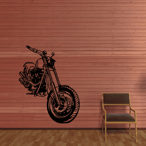Black vinyl chopper motorcycle wall decal with front wheel and handlebars outline