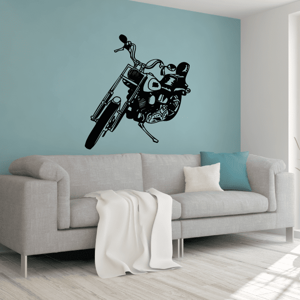 Motorcycle wall decal in black, rider graphic on vinyl sticker