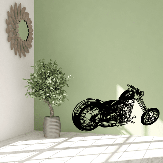 Motorcycle wall decal vinyl, black chopper outline with rider helmet and wheels