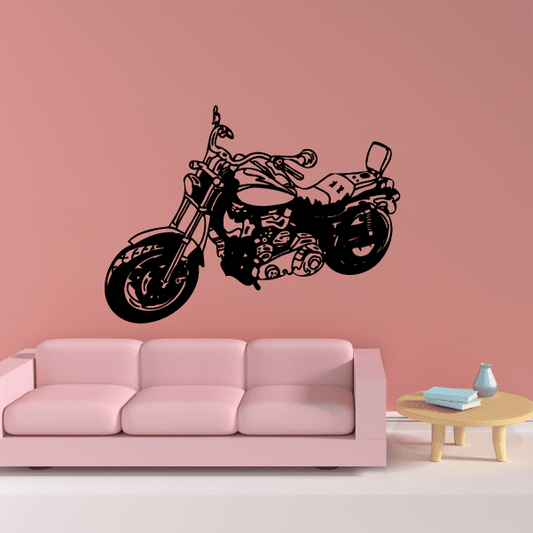Black chopper motorcycle wall vinyl decal with helmeted rider