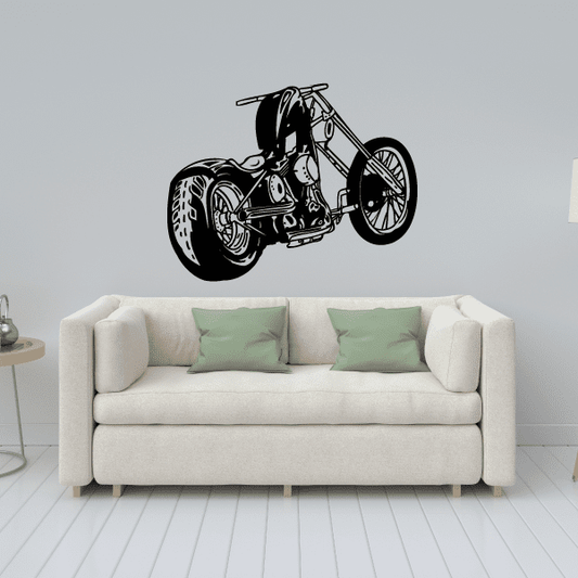 Black chopper motorcycle vinyl wall decal with detailed engine and wheels