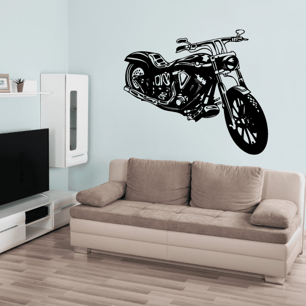 Black chopper motorcycle vinyl wall decal with stylized engine and wheels