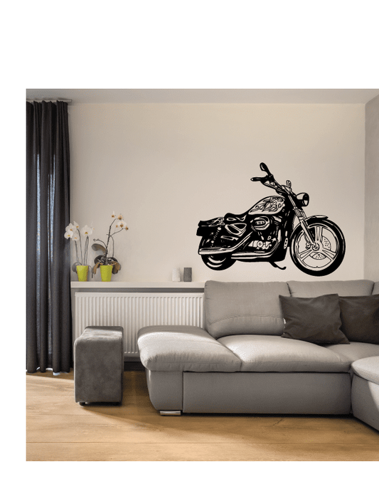 Motorcycle wall decal, black chopper-style bike with detailed wheels