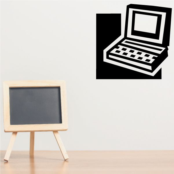 Computer monitor wall decal with black screen and white keyboard outline