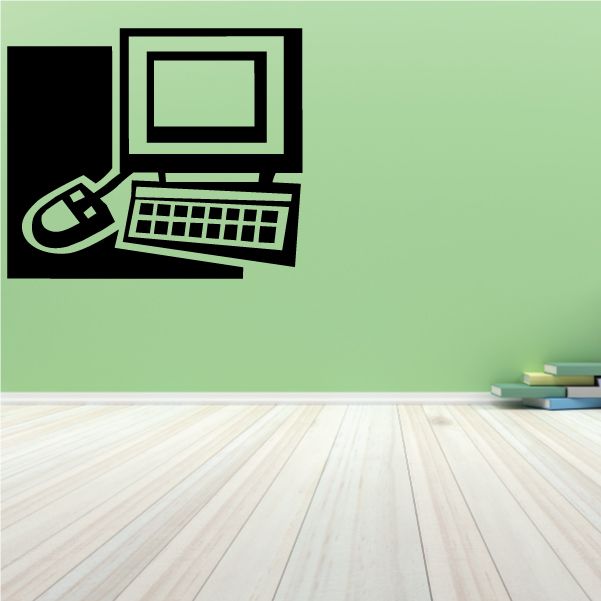 Computer decal with monitor, keyboard, and mouse graphic in dark tones
