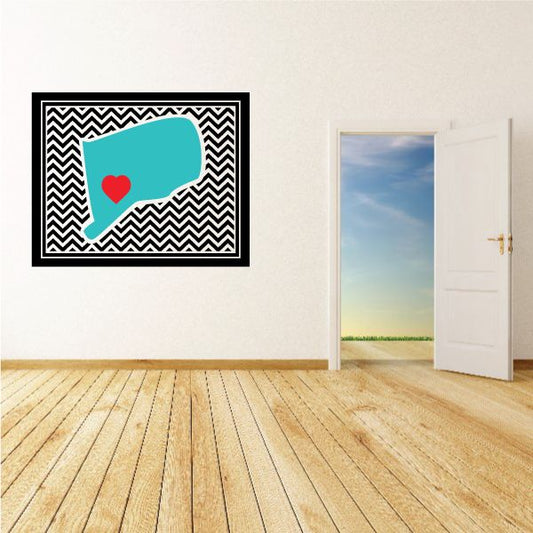 Chevron pattern sticker with teal speech bubble and red heart icon inside black border