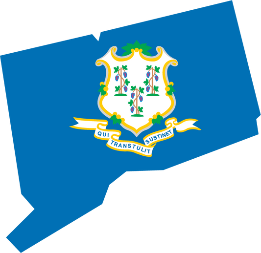 Connecticut state flag sticker in state outline shape with coat of arms details