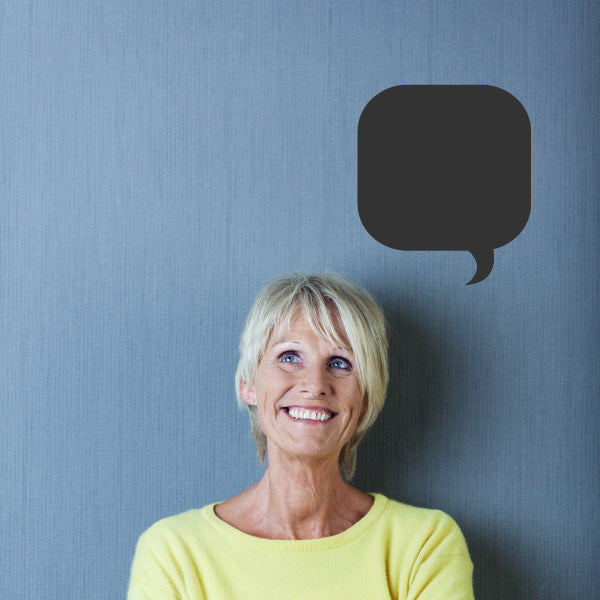 Dark gray speech bubble decal with rounded square shape and tail